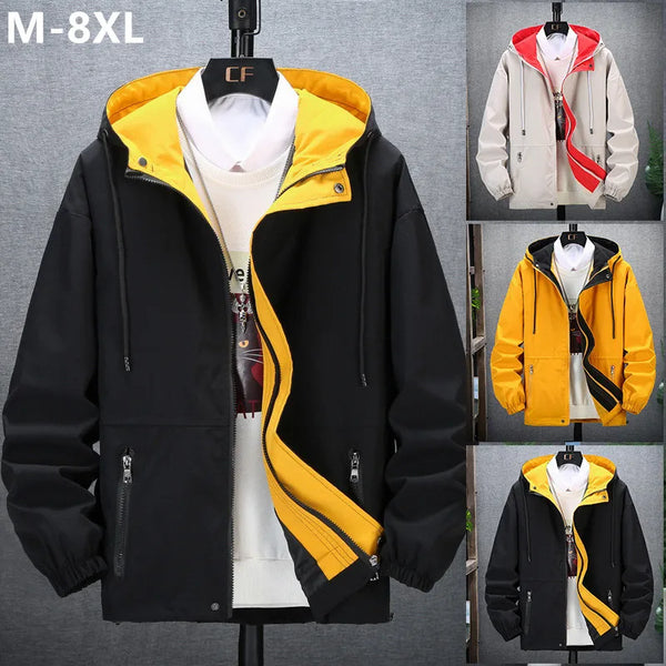 Men's Black Hooded Windbreaker in Japanese Style - Spring/Autumn Bomber Jacket in Plus Sizes 6XL-8XL