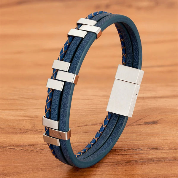 Premium Stainless Steel Men's Leather Bracelet with Triple Layer Stitching - Sleek and Modern Design - Perfect Gift for Any Occasion