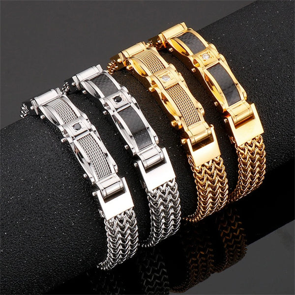 Upgrade your style with our sleek, gold and diamond accented stainless steel and titanium bracelets for men! Choose from our personalized and hip hop inspired designs.